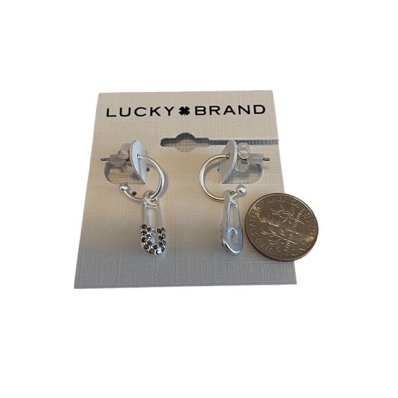 Lucky Brand Matte Silver & Pave Crystal Mini Safety Pin Charm Earrings. - Picture 6 of 6